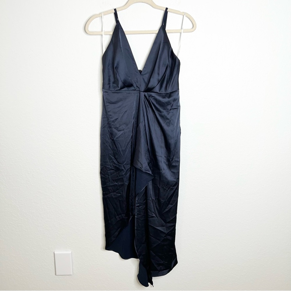 Lulus Women Small Navy Blue Satin Ruffle Hi Lo MIDI Sleeveless  Dress         GG